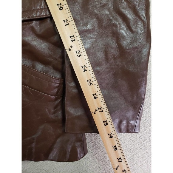 Vintage Meier & Frank Jacket 47 Brown Leather Collar Long Sleeve Belted Pockets - Picture 9 of 10